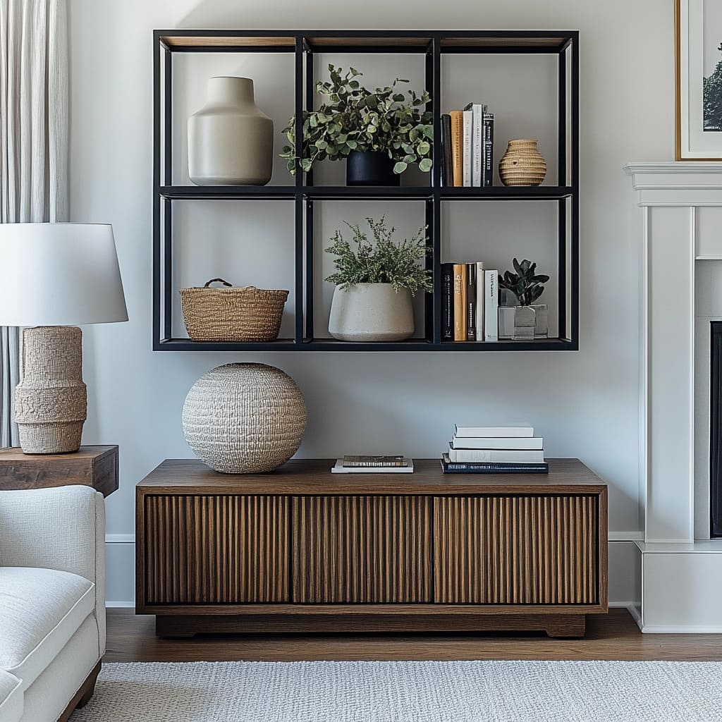 Black metal grid shelving with six cubbies styled with sculptural ceramics, plants, books, and a basket, paired with a slatted wood cabinet Black metal grid shelving with six cubbies styled with sculptural ceramics, plants, books, and a basket, paired with a slatted wood cabinet
