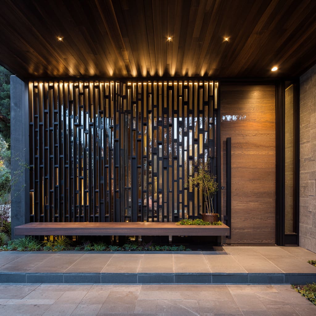 Blackened lattice porch design with glowing wall wash, floating wood bench, tall wood door with vertical window