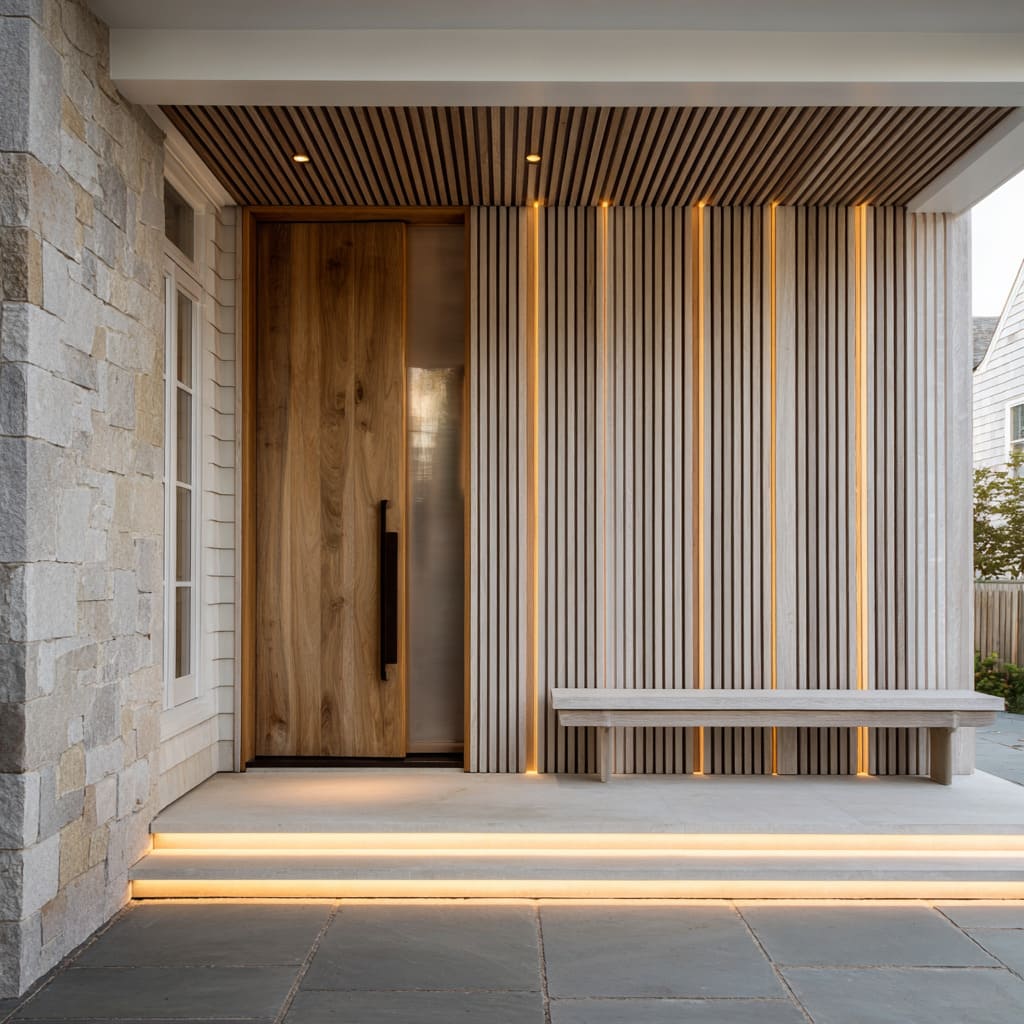 Bleached wood ribbed entry design with amber light lines between fins, knotty oak door framed in black