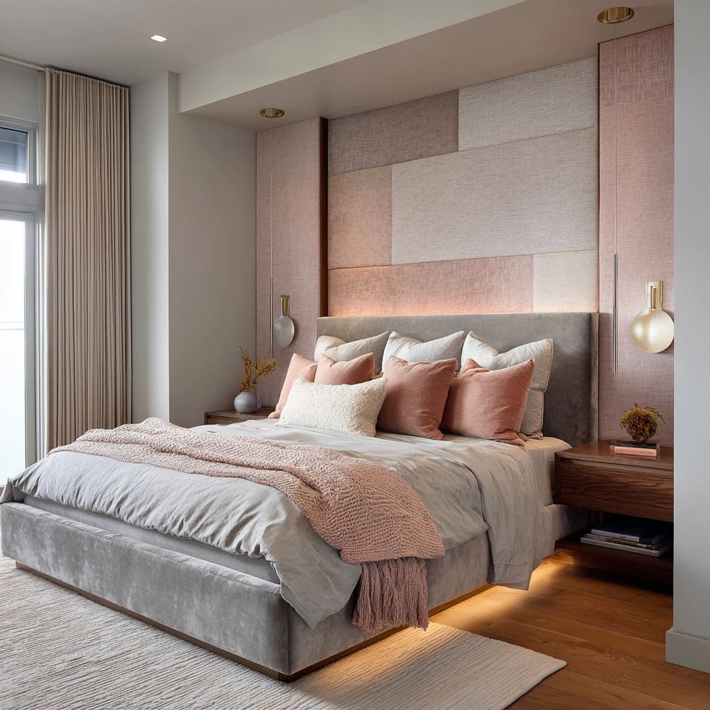 Blush and silver bedroom idea with patchwork fabric panel headboard, floating grey platform bed, orb pendants