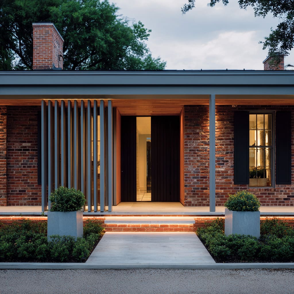 Brick and timber porch concept with flat canopy, vertical fin screen, linear lighting under steps, and clipped greenery