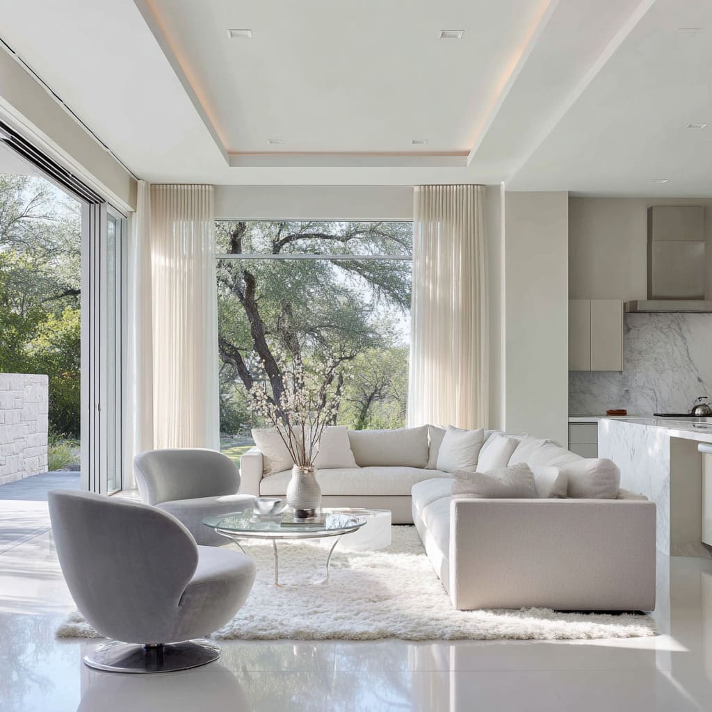 Bright grey main room idea with curved swivel chairs, glass table, off-white drapery, and circular ceiling tray for a soft