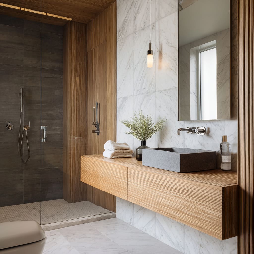 Bright marble and oak bathroom ideas with charcoal stone shower, floating oak vanity, rectangular grey basin