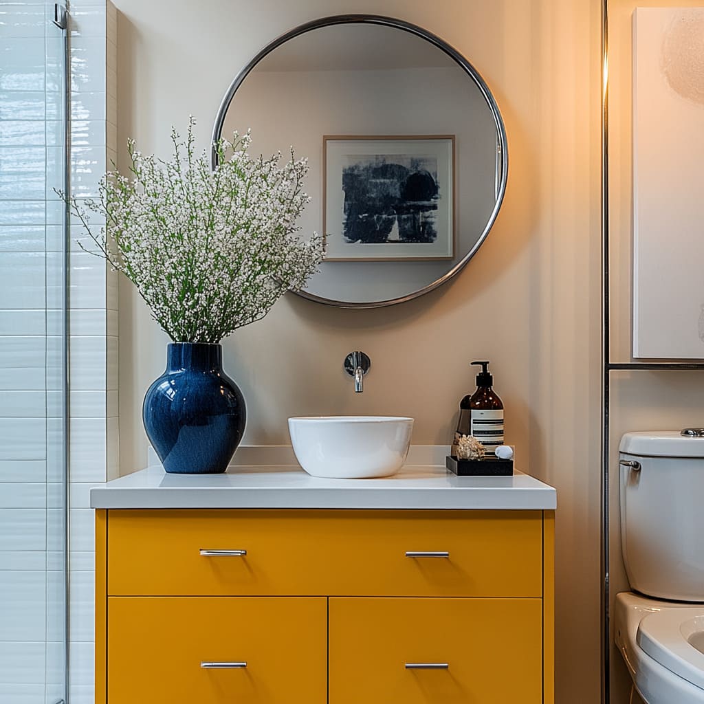 Bright mid-century bathroom design with a yellow vanity, white vessel sink, cobalt blue vase with white flowers Bright mid-century bathroom design with a yellow vanity, white vessel sink, cobalt blue vase with white flowers