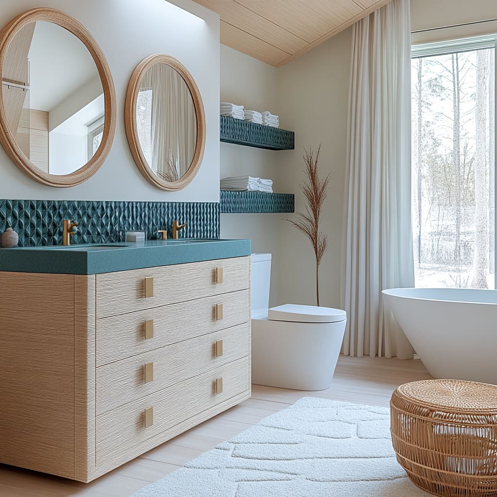 Calm mid-century bathroom design with teal slab counter, carved wood-textured vanity, faceted green-blue backsplash tile Calm mid-century bathroom design with teal slab counter, carved wood-textured vanity, faceted green-blue backsplash tile