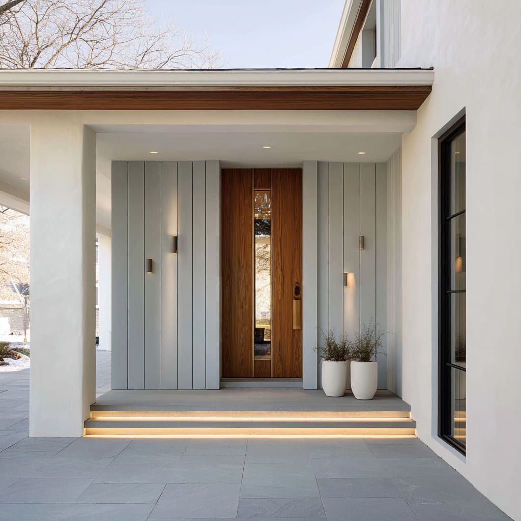 Calm stucco-framed porch inspo featuring cool gray vertical boards, warm oak door with glass insert
