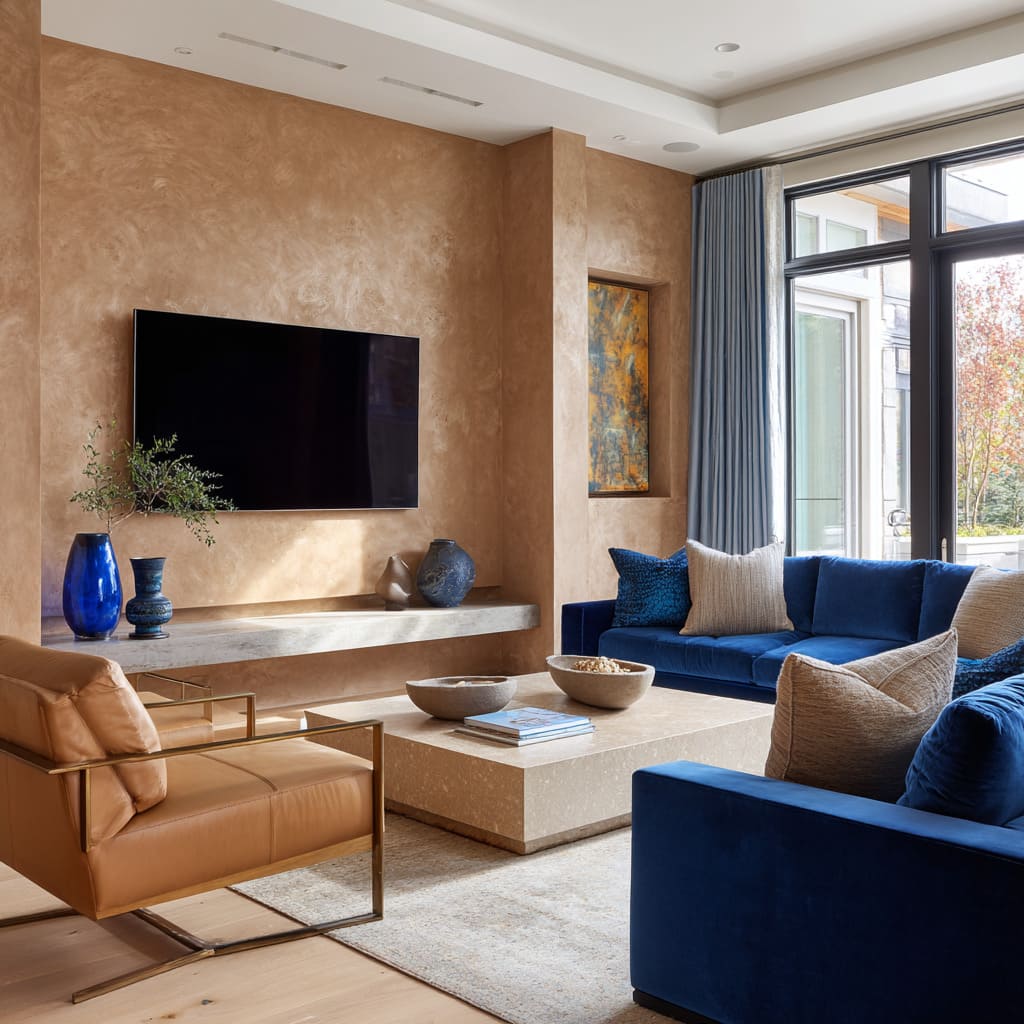 Caramel terracotta plaster TV wall design with floating pale stone shelf, blue glass and ceramic decor pieces, two royal-blue velvet sofas Caramel terracotta plaster TV wall design with floating pale stone shelf, blue glass and ceramic decor pieces, two royal-blue velvet sofas