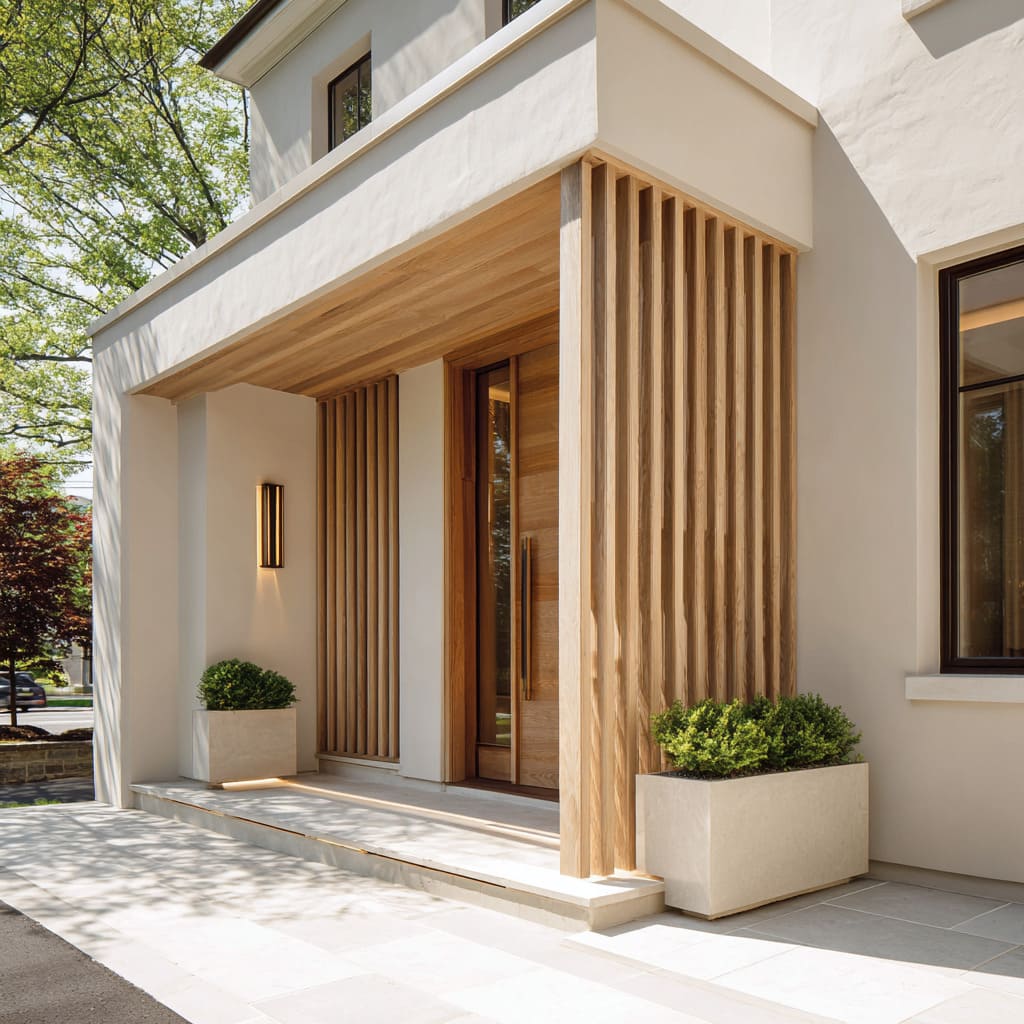 Carved stucco porch box design lined with white oak ceiling and screen