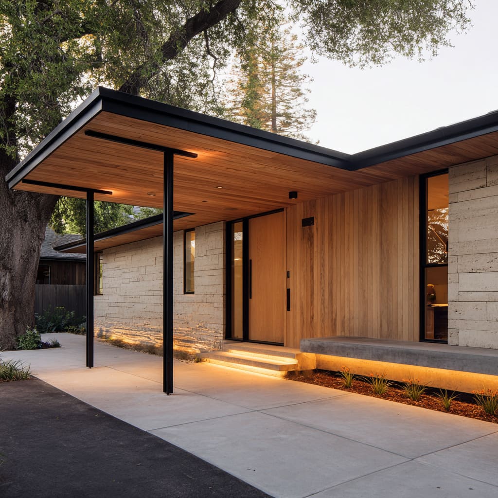 Cedar-lined porch canopy ideas paired with board-formed concrete, light oak cladding, thin black posts