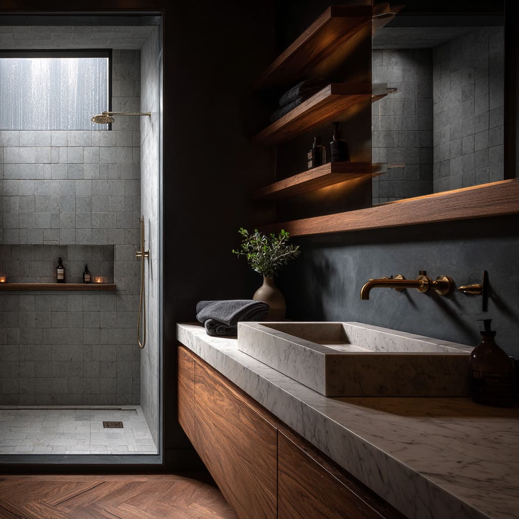 Charcoal plaster and walnut luxury bathroom design with marble accents, brass fixtures, layered counters