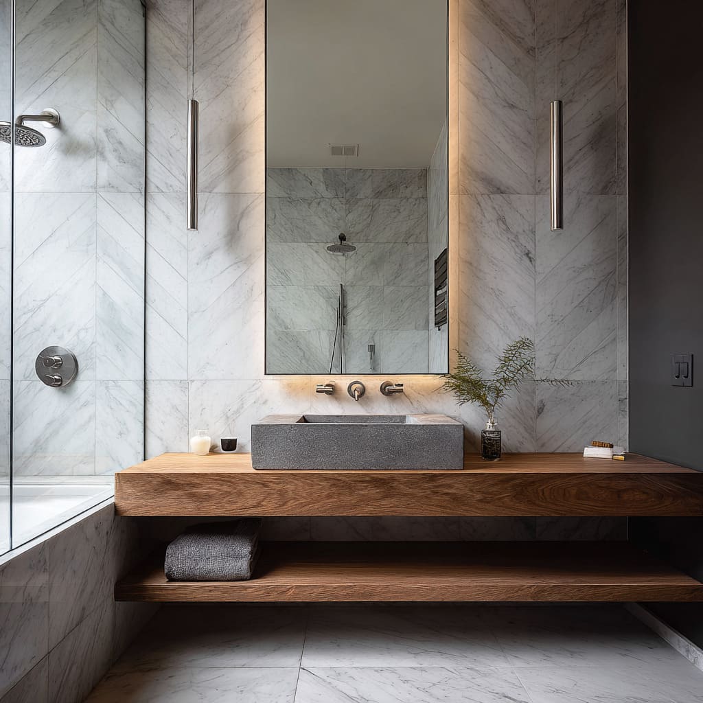 Chevron marble and walnut bathroom concept centered by halo mirror, concrete basin, vertical tube sconces