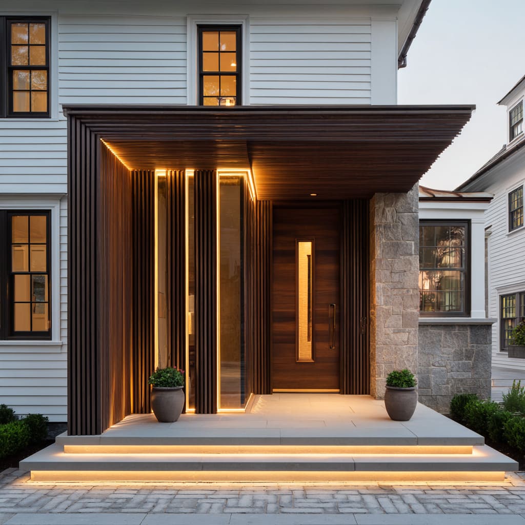 Classic white house with espresso-toned slatted wrap around the porch design, limestone steps with linear lighting