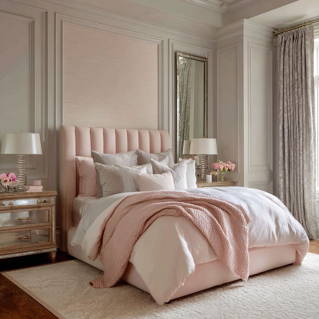 Classical millwork with blush grasscloth above a channeled headboard, antique-silver skinny mirrors, layered silver and ivory bedding