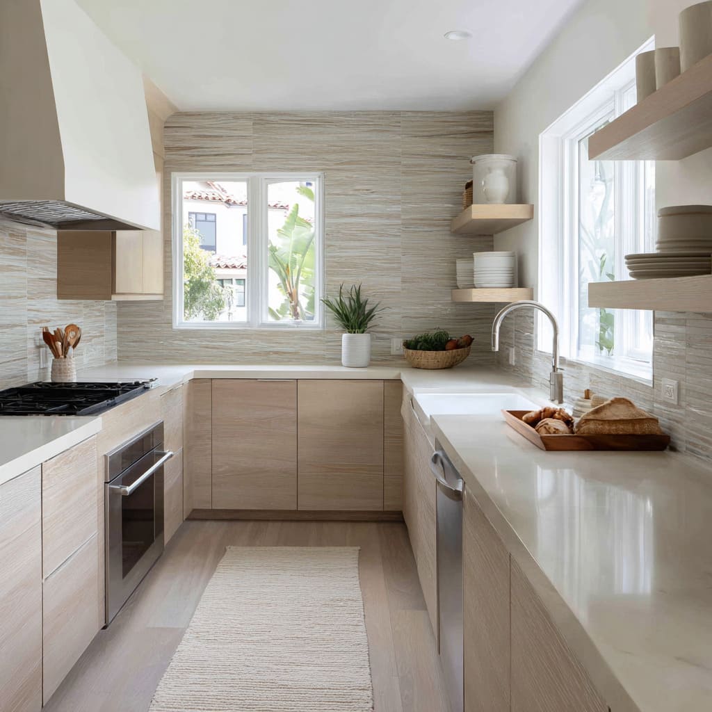 Coastal sand kitchen concept with striated stone-look backsplash, pale oak cabinets, creamy counters, bright windows Coastal sand kitchen concept with striated stone-look backsplash, pale oak cabinets, creamy counters, bright windows
