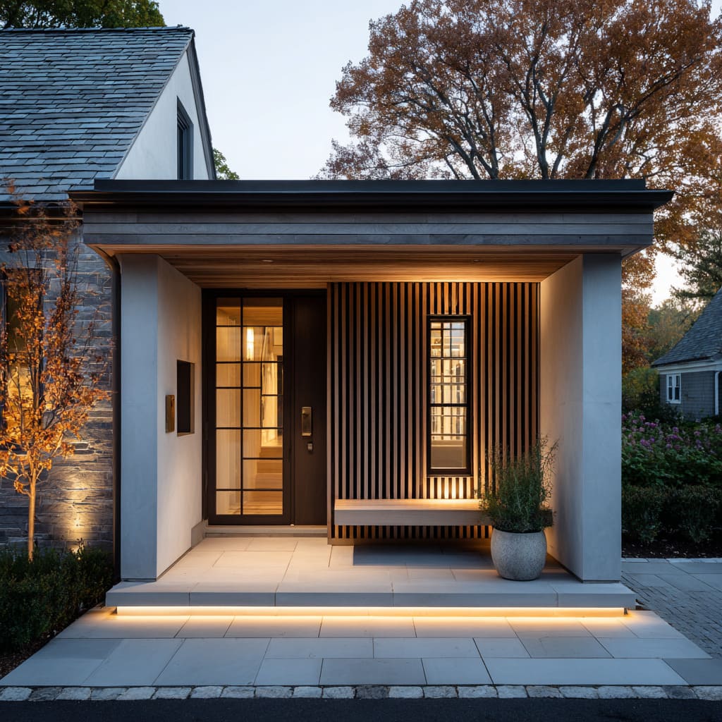 Compact gabled cottage porch ideas with glowing maple ribbed screen, floating bench with striped light pattern