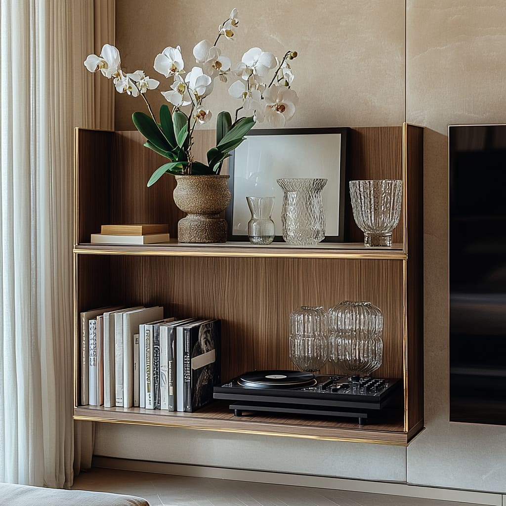Compact warm wood wall shelf design with brass trim, styled with white orchids in a stone-textured pot, leaning monochrome artwork Compact warm wood wall shelf design with brass trim, styled with white orchids in a stone-textured pot, leaning monochrome artwork