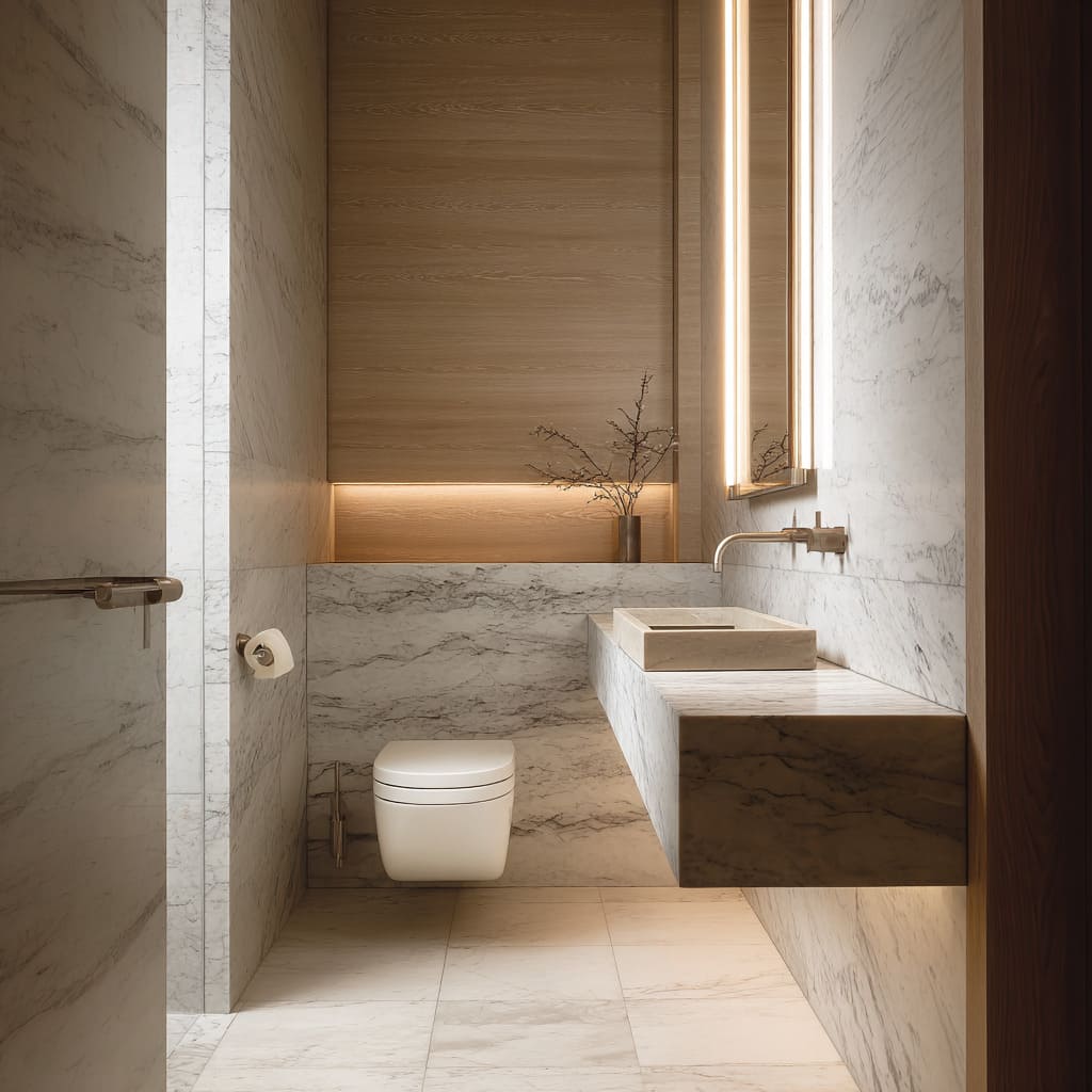Compact white marble bathroom inspiration with floating stone vanity block, oak-framed mirror, vertical light bars, wall-hung WC
