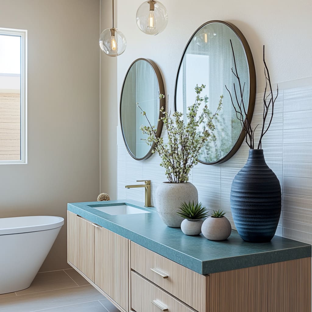 Concept with a light wood vanity with teal counter and twin round mirrors Concept with a light wood vanity with teal counter and twin round mirrors