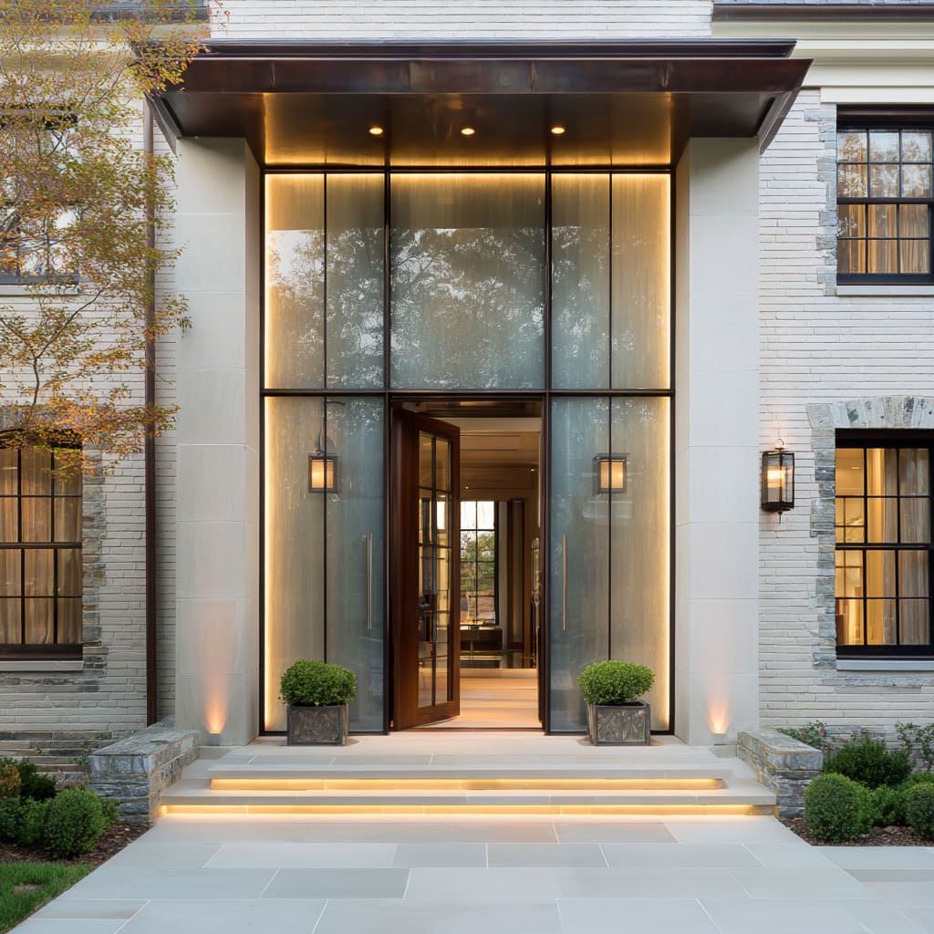 Concept with a tall entry framed in bronze with glowing fluted glass panels