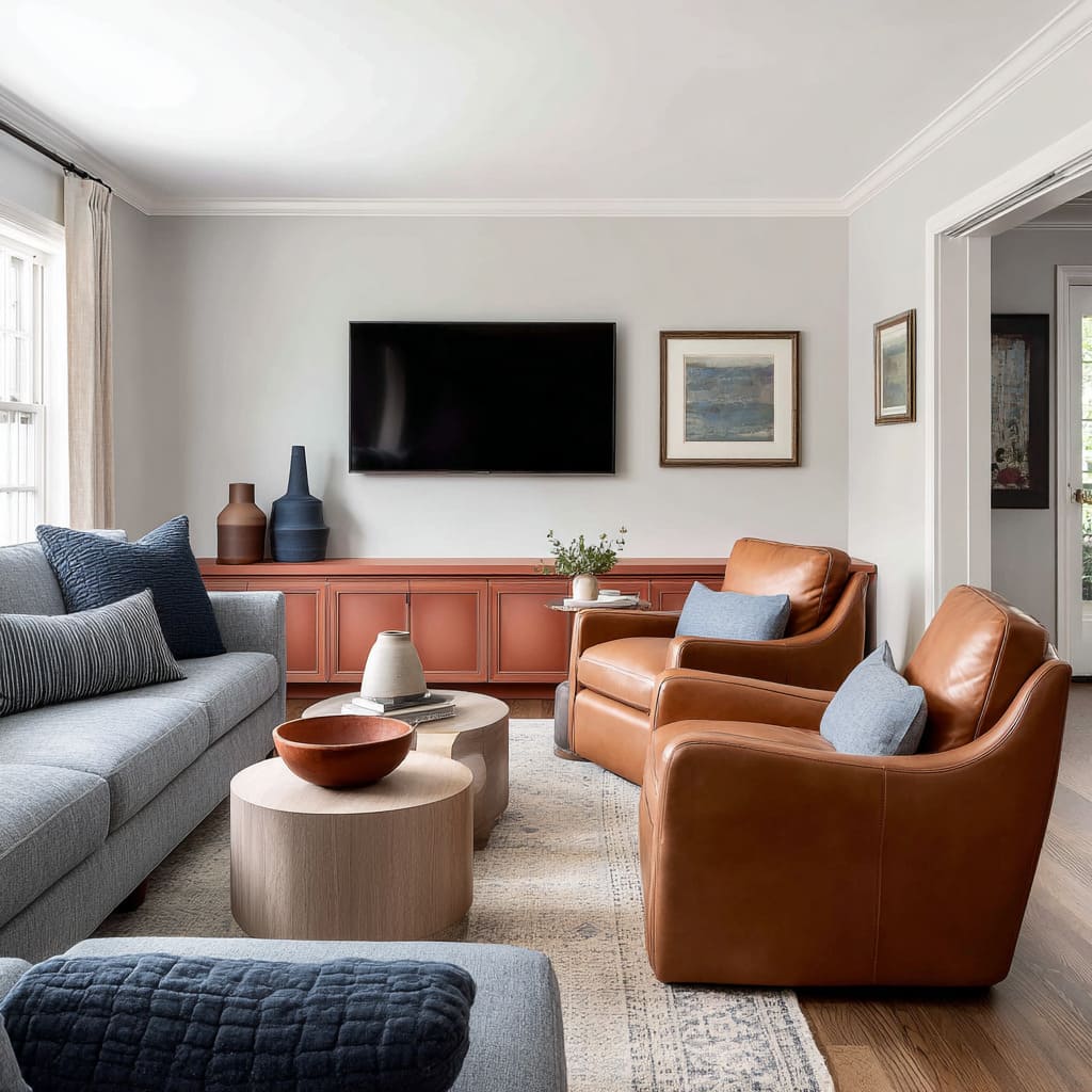Concept with a terracotta media cabinet under TV, cognac leather chairs with blue pillows, blue-grey sofa with navy cushions Concept with a terracotta media cabinet under TV, cognac leather chairs with blue pillows, blue-grey sofa with navy cushions