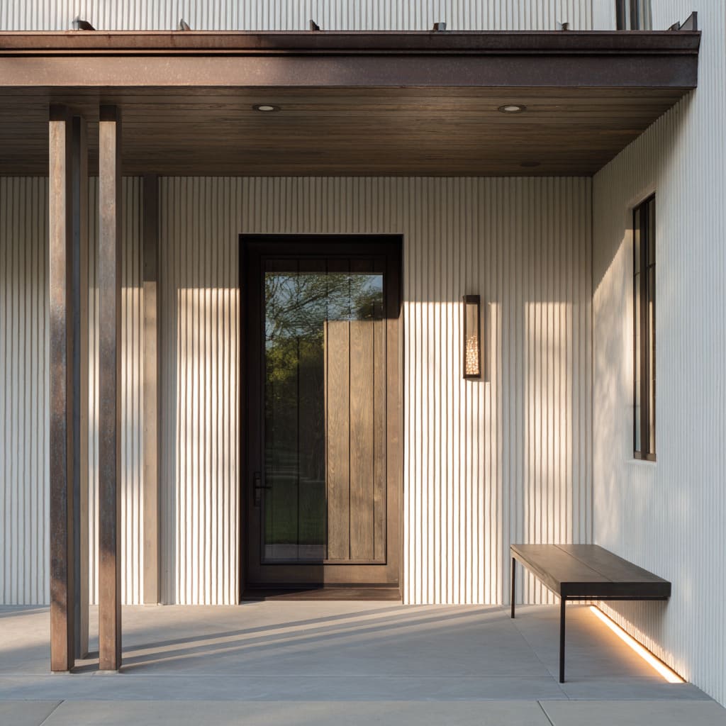 Contemporary front porch concept with ribbed plaster wall, bronze canopy lined in wood, slender posts