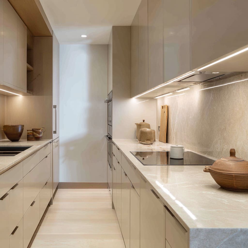 Cool greige sand galley kitchen design with full-height stone backsplash, warm under-cabinet glow, glossy doors, oak panel niche Cool greige sand galley kitchen design with full-height stone backsplash, warm under-cabinet glow, glossy doors, oak panel niche
