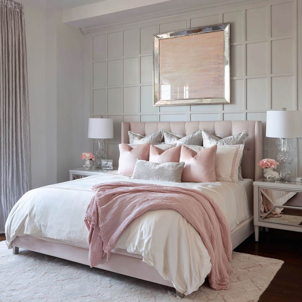 Cool-grey grid panel wall design behind a blush tufted bed, silver-to-pink pillow choreography, mirrored nightstands, hammered-silver drapery