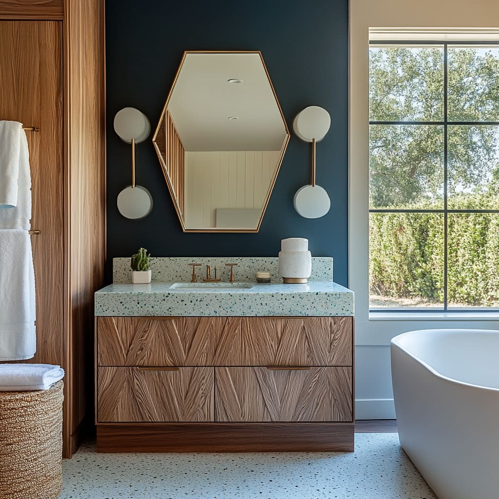 Cool mid-century inspired bathroom concept with chevron wood vanity doors, terrazzo countertop, hexagonal brass-framed mirror Cool mid-century inspired bathroom concept with chevron wood vanity doors, terrazzo countertop, hexagonal brass-framed mirror