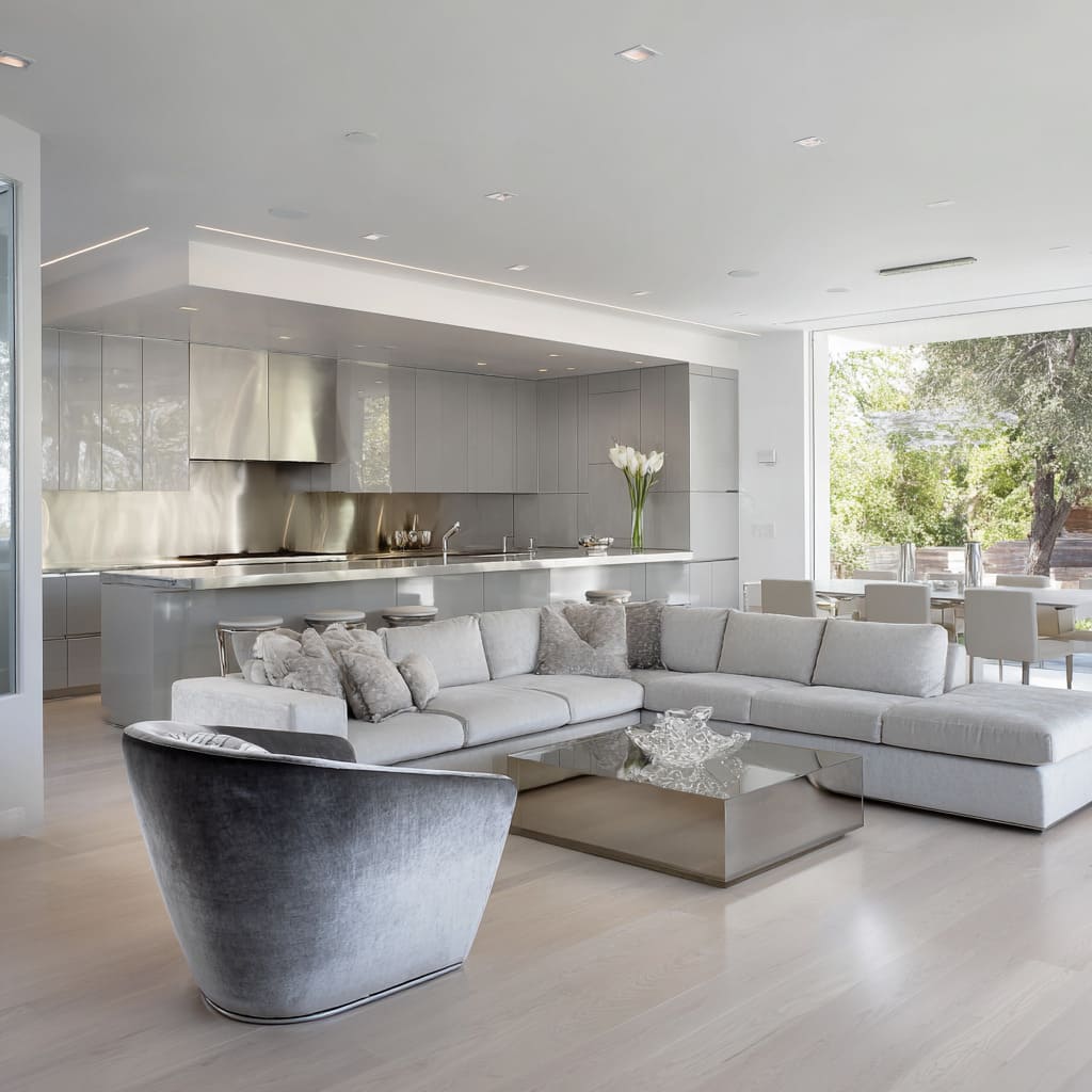 Cool silver living room ideas with stainless kitchen wall, deep grey sectional, mirror cube coffee table