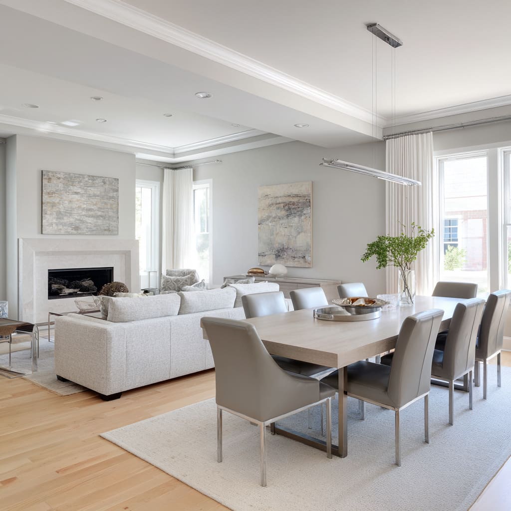 Coordinated dining and lounge area design in silver tones, matte upholstery, thin chrome chair legs