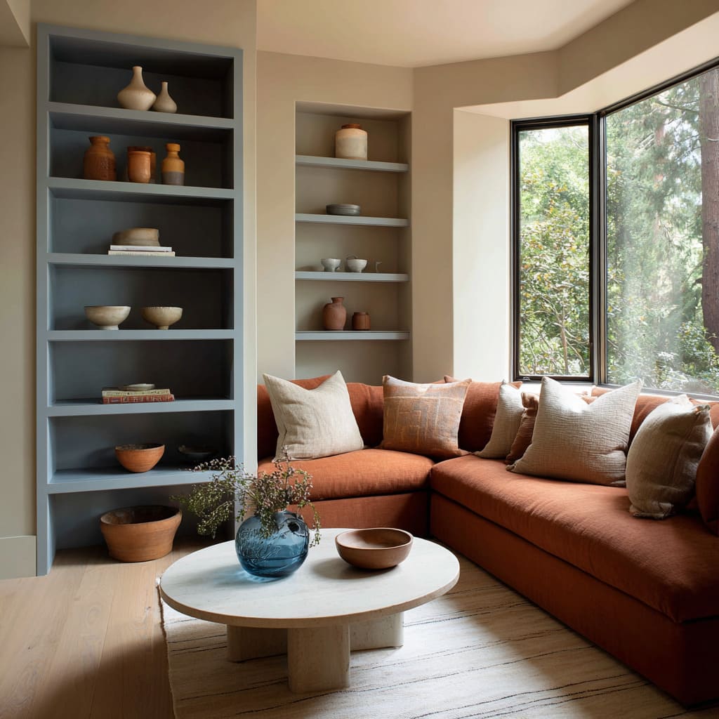 Corner living room concept with matte terracotta L-shaped sofa, muted blue-grey built-in shelving filled with ceramics Corner living room concept with matte terracotta L-shaped sofa, muted blue-grey built-in shelving filled with ceramics