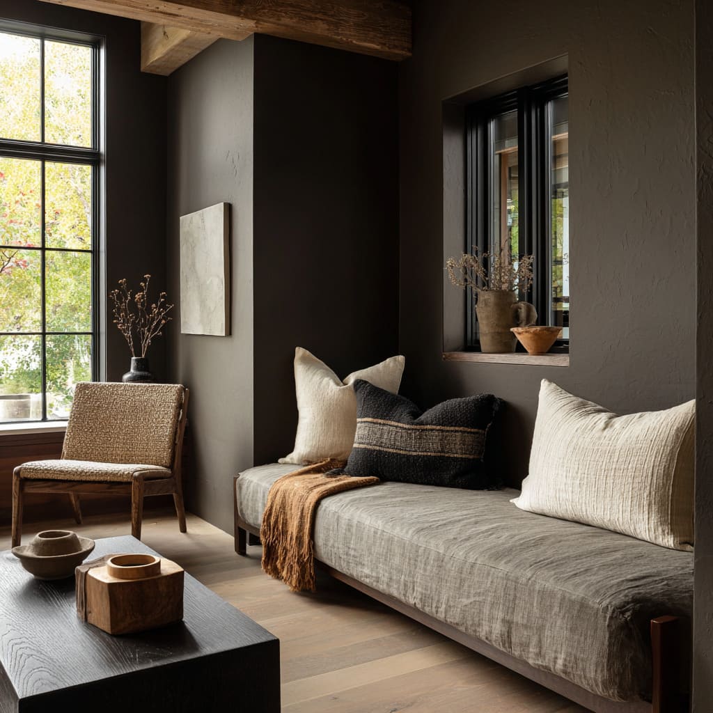 Corner seating nook idea in dark matte brown with linen bench, layered cream and woven pillows Corner seating nook idea in dark matte brown with linen bench, layered cream and woven pillows