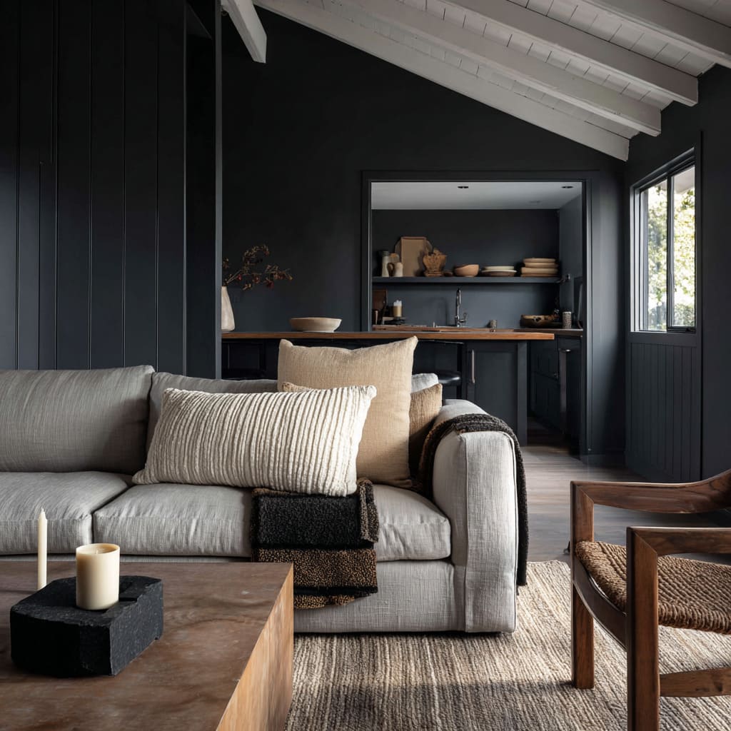 Cozy dark boho living room design with slanted white ceiling, deep charcoal walls, soft gray linen sofa, warm wood block coffee table Cozy dark boho living room design with slanted white ceiling, deep charcoal walls, soft gray linen sofa, warm wood block coffee table