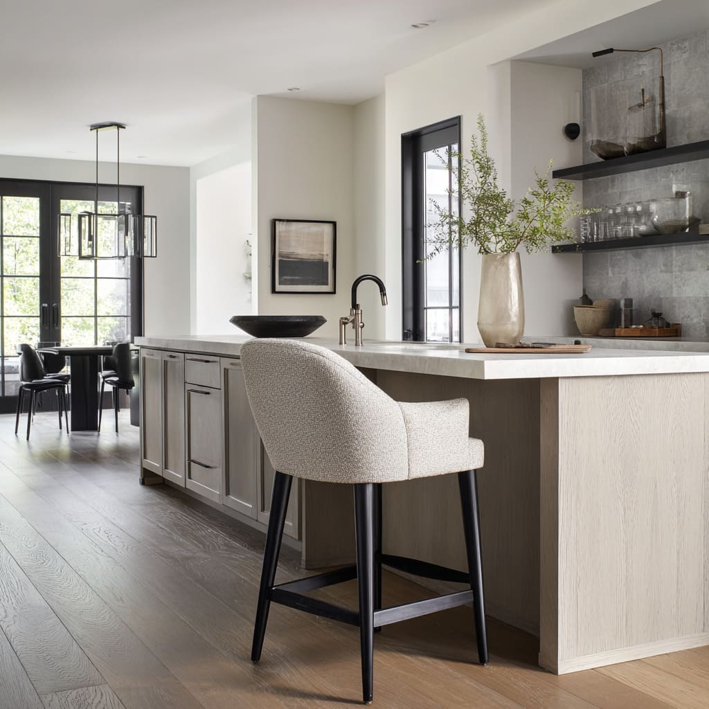 Cream boucle armchair-style bar stool ideas with slim black legs placed at a light stone counter beside open shelves with soft neutral decor Cream boucle armchair-style bar stool ideas with slim black legs placed at a light stone counter beside open shelves with soft neutral decor