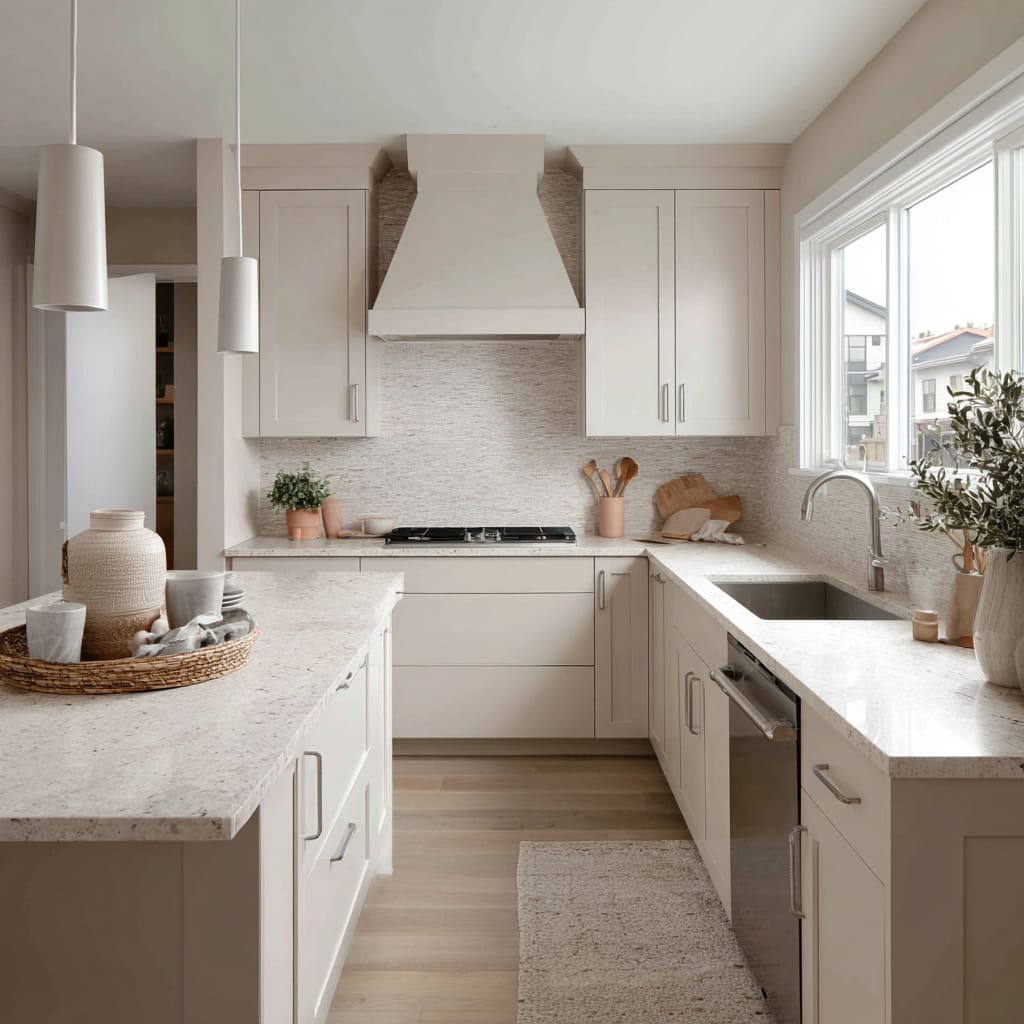 Cream-sand shaker kitchen concept with speckled stone counters, tiny textured backsplash tiles, slim pendants, woven tray decor Cream-sand shaker kitchen concept with speckled stone counters, tiny textured backsplash tiles, slim pendants, woven tray decor