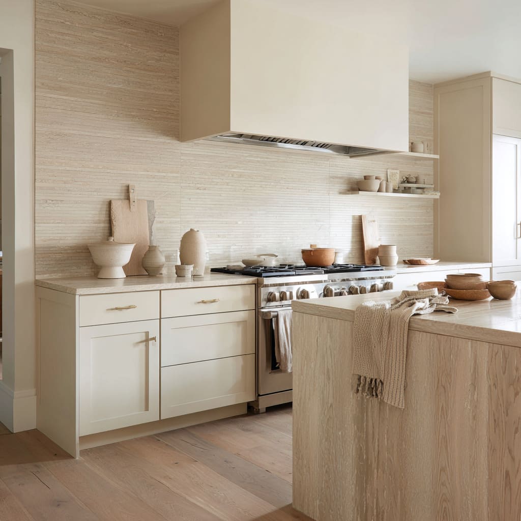 Creamy sand kitchen design with wide-frame shaker doors, striped backsplash tiles, whitewashed wood island Creamy sand kitchen design with wide-frame shaker doors, striped backsplash tiles, whitewashed wood island