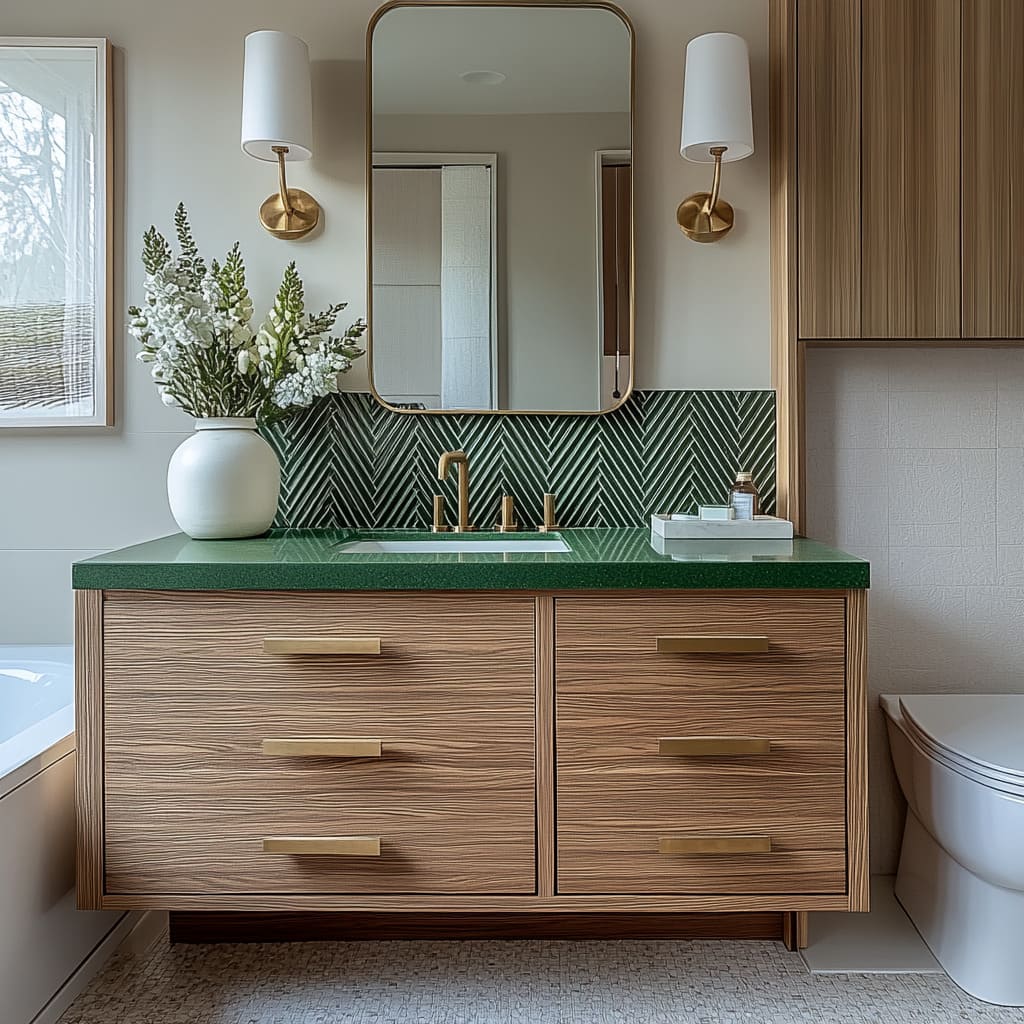 Crisp mid-century bathroom design showing a green herringbone backsplash, striped wood vanity, brass linear pulls Crisp mid-century bathroom design showing a green herringbone backsplash, striped wood vanity, brass linear pulls