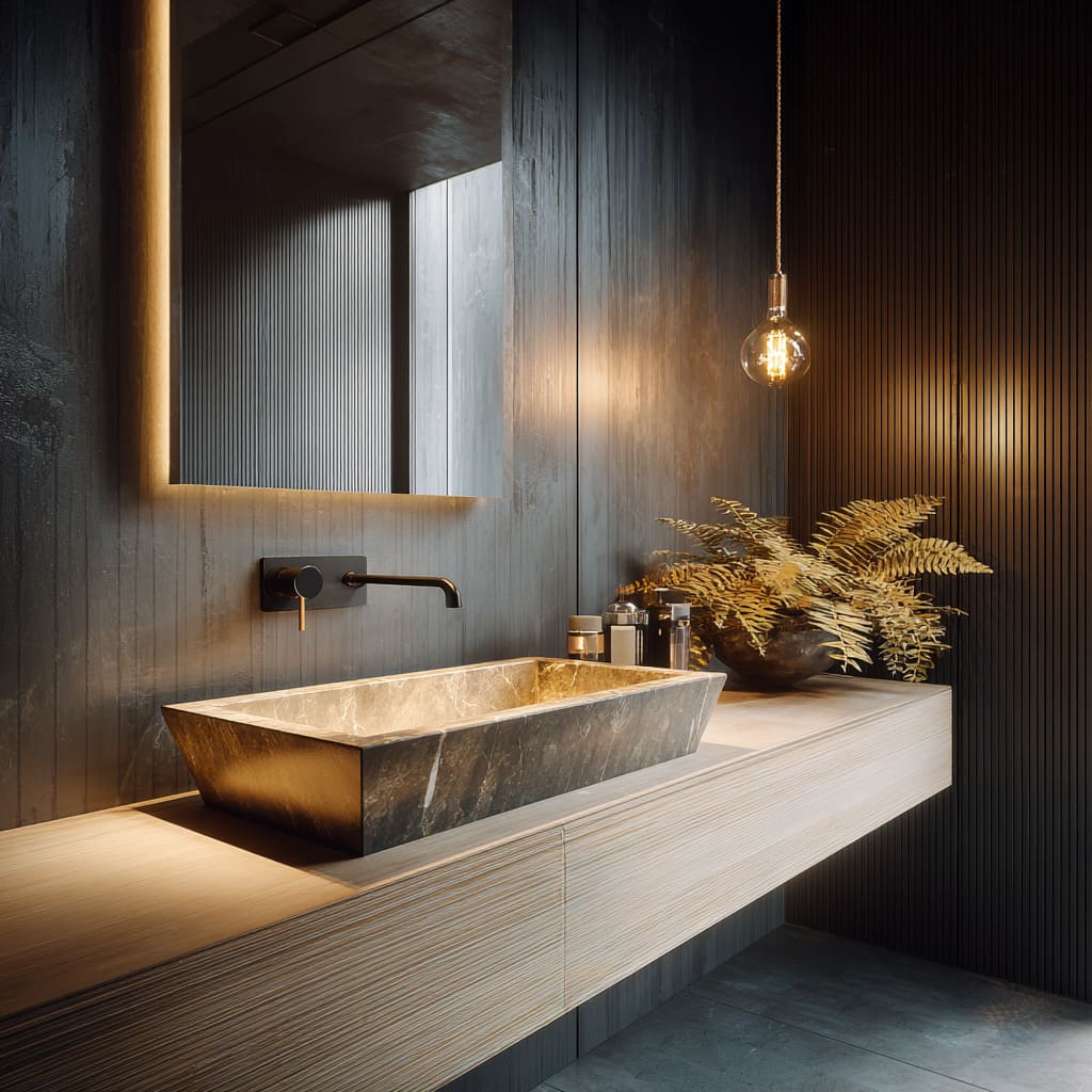 Dark ribbed charcoal powder room design with oak vanity, brown marble basin, backlit mirror, clear pendant