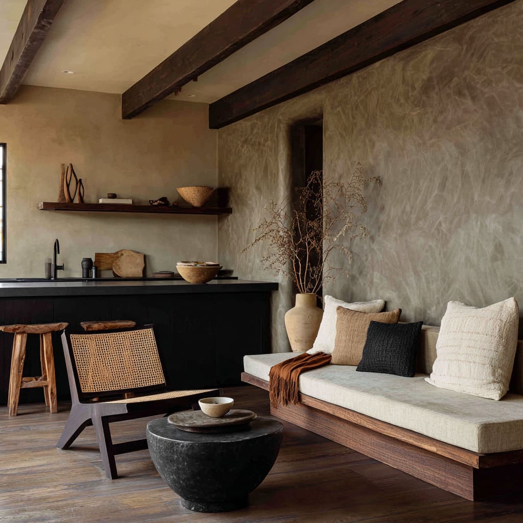 Dark-toned minimalist boho living room design with clay-tinted walls, floating bench, dark beams, woven chair Dark-toned minimalist boho living room design with clay-tinted walls, floating bench, dark beams, woven chair