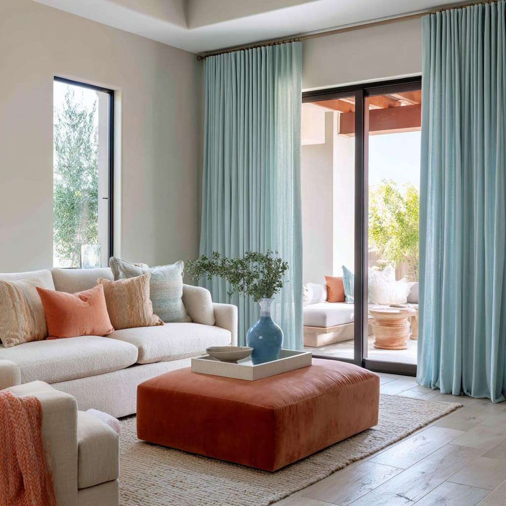 Decorating ideas with soft creamy sofa with terracotta and blue cushions, large terracotta velvet ottoman with tray and blue vase, aqua drapery, woven rug Decorating ideas with soft creamy sofa with terracotta and blue cushions, large terracotta velvet ottoman with tray and blue vase, aqua drapery, woven rug