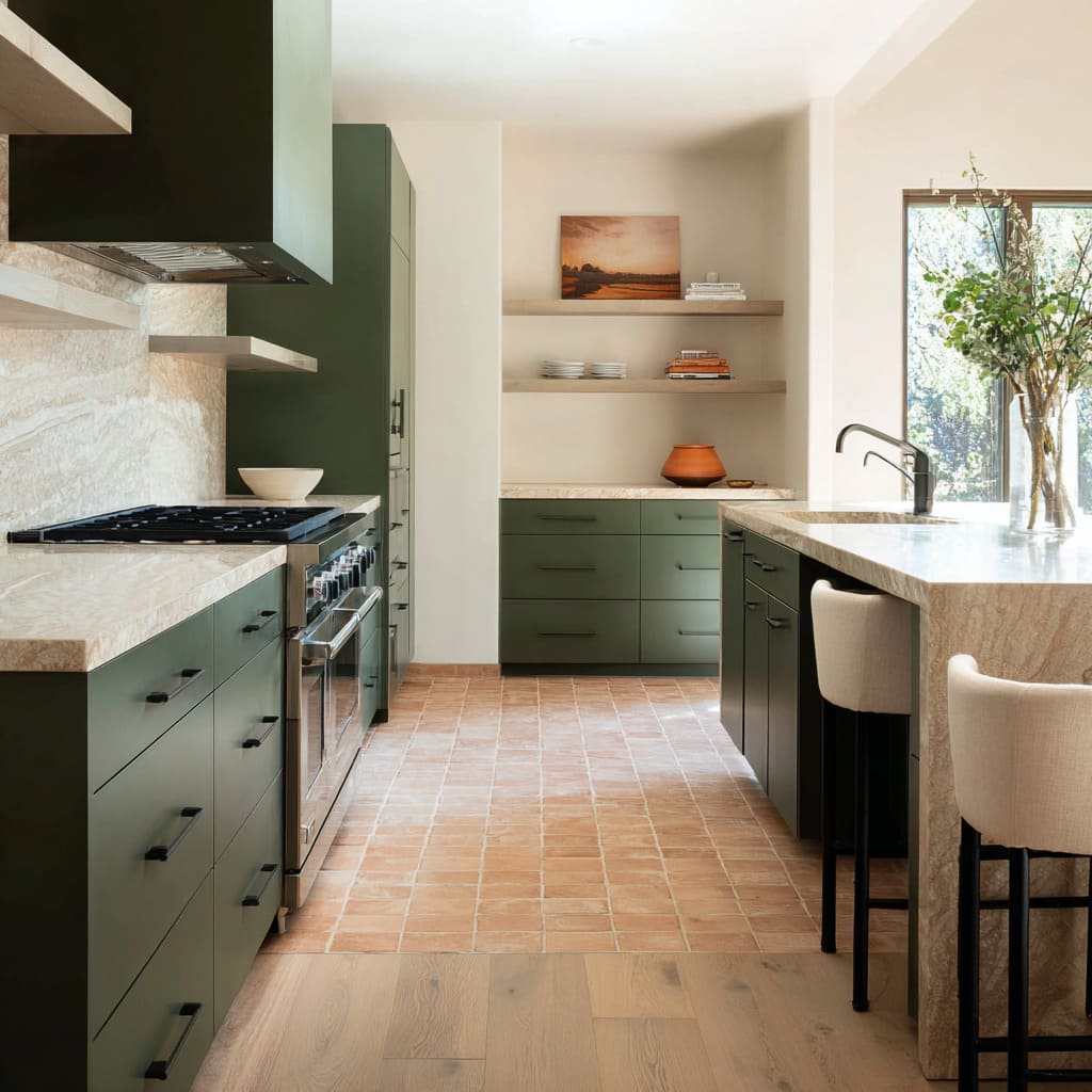 Deep pine-green kitchen concept with a terracotta tile walkway, beige stone counters and island, pale upholstered stools Deep pine-green kitchen concept with a terracotta tile walkway, beige stone counters and island, pale upholstered stools