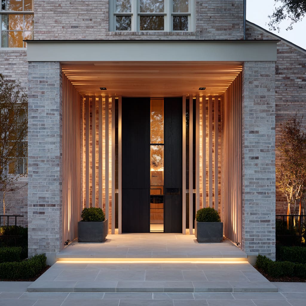 Deep wood-lined porch design carved into brick facade with glowing timber slats, matte black sculptural door