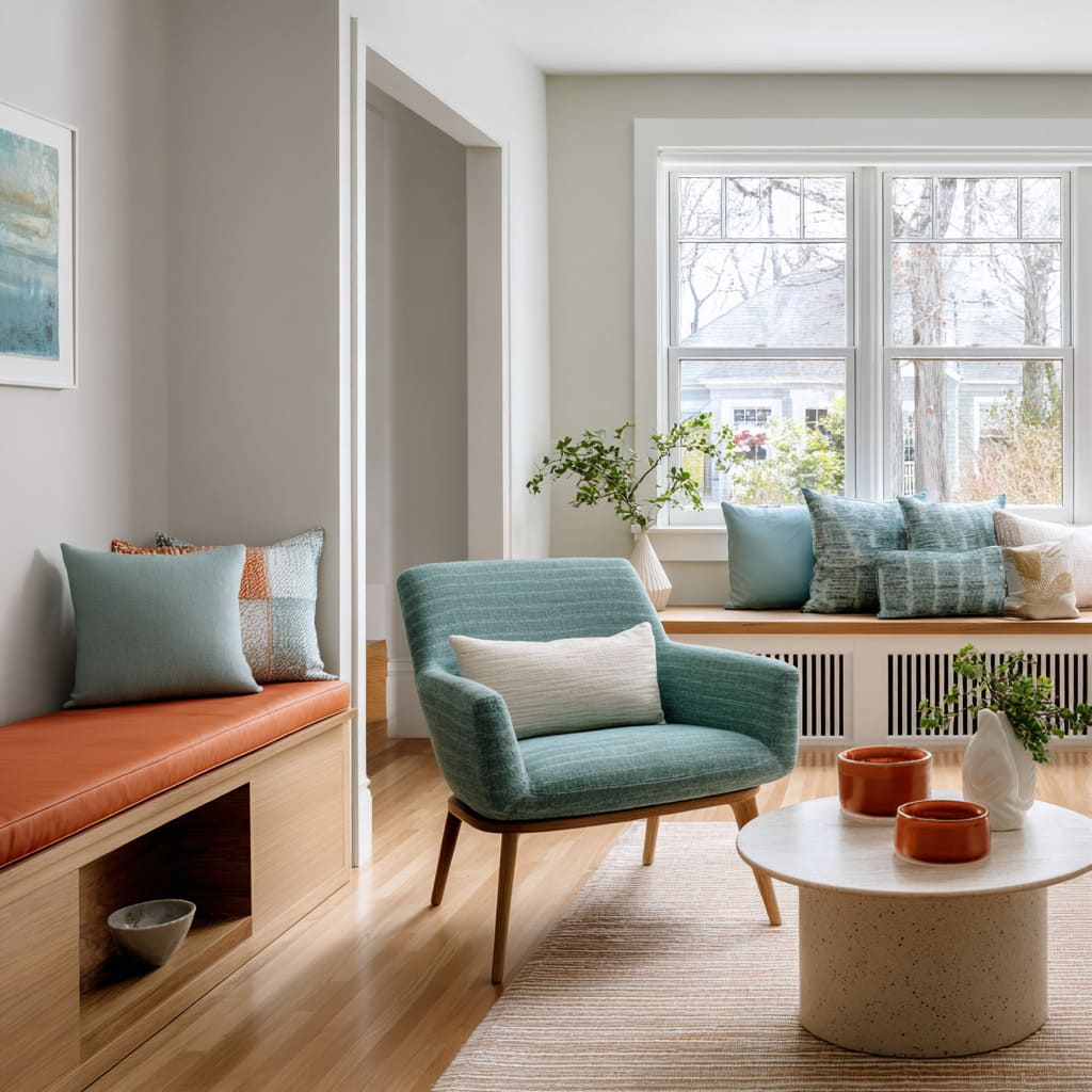 Design with terracotta bench cushion on timber seat, teal accent chair, pale rug, stone coffee table with terracotta vessels Design with terracotta bench cushion on timber seat, teal accent chair, pale rug, stone coffee table with terracotta vessels