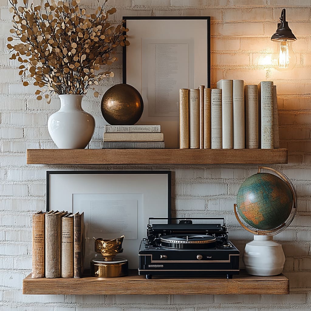 Double straight wood shelves on a whitewashed brick wall decorated with dried golden branches Double straight wood shelves on a whitewashed brick wall decorated with dried golden branches