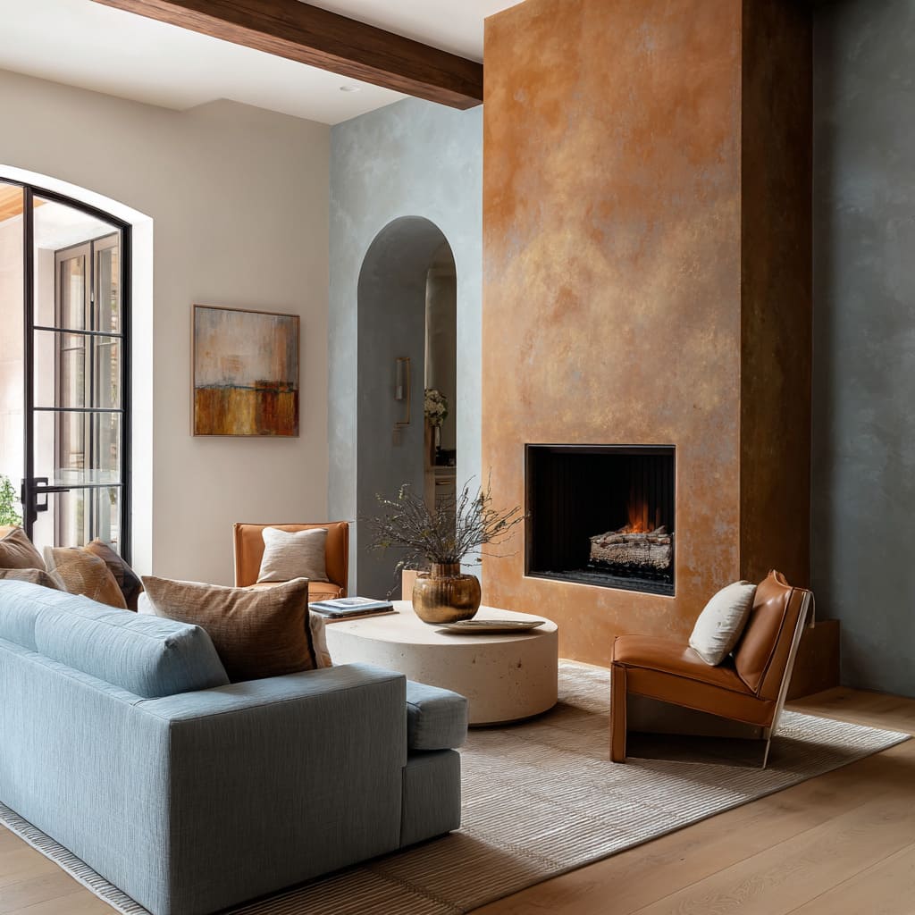 Drawing room design with tall terracotta plaster fireplace column, surrounding blue-grey walls, powder-blue sofa opposite fire Drawing room design with tall terracotta plaster fireplace column, surrounding blue-grey walls, powder-blue sofa opposite fire
