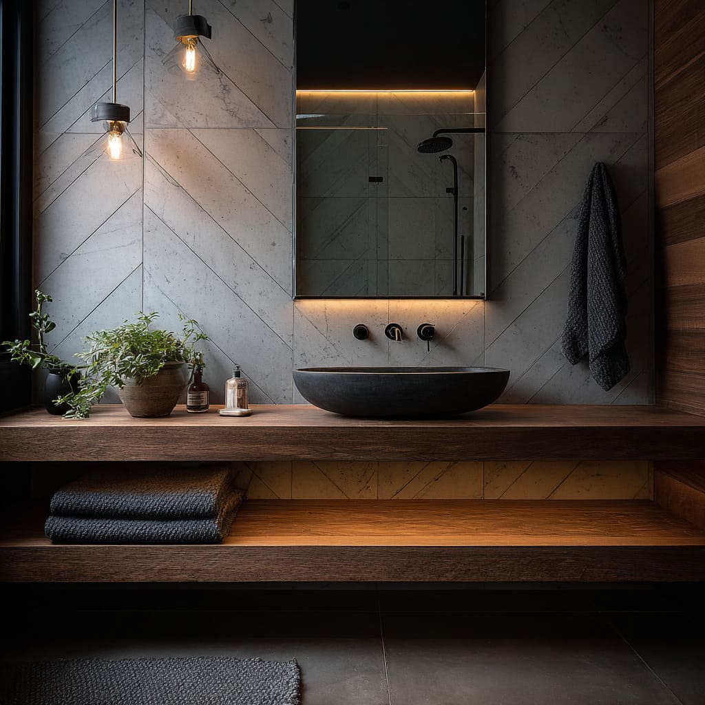 Earth-toned modern bath concept featuring chevron marble wall, thick walnut vanity, charcoal stone basin, twin pendants