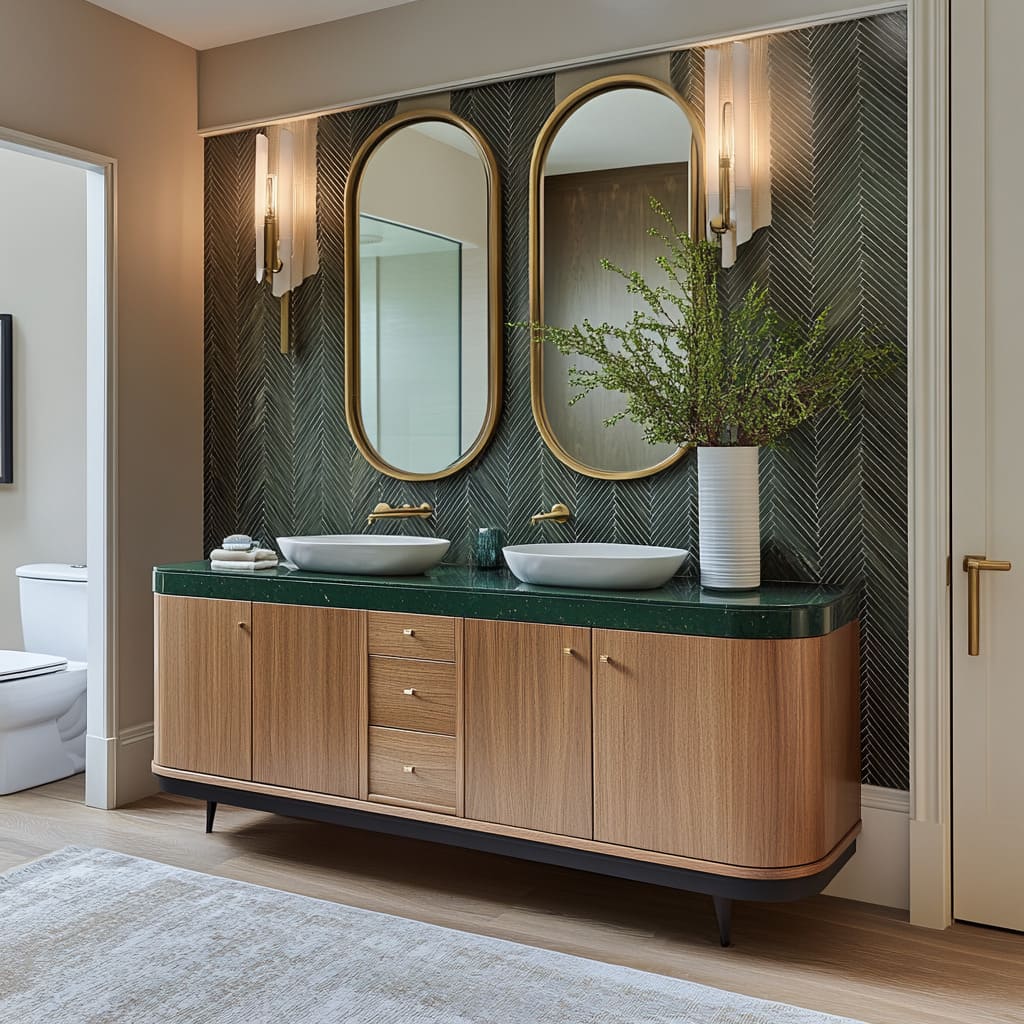 Elegant mid-century bathroom ideas with a rounded-edge double vanity, deep green countertop, twin vessel sinks Elegant mid-century bathroom ideas with a rounded-edge double vanity, deep green countertop, twin vessel sinks