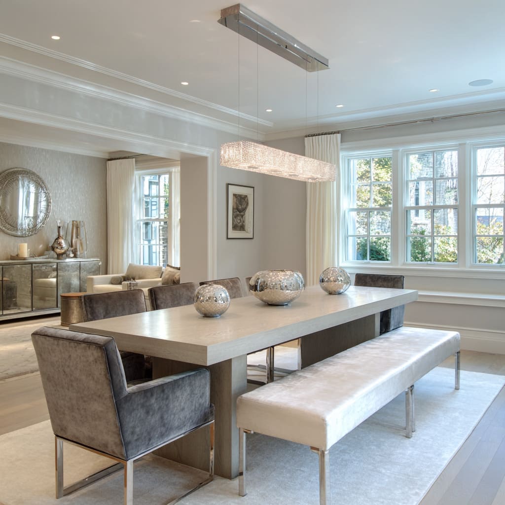 Elegant silver dining room design with matte wood table, mosaic-silver orbs
