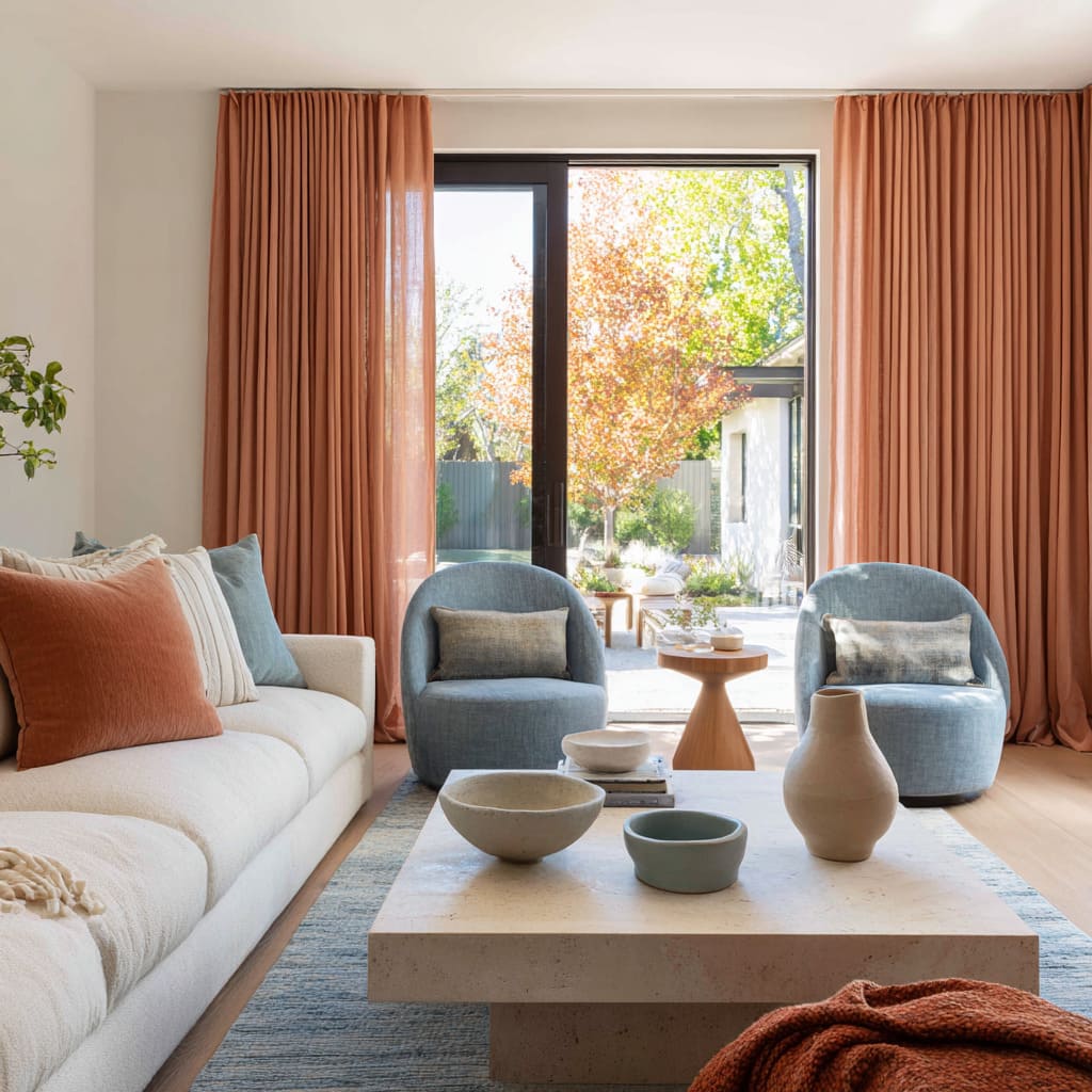 Family room design with tall terracotta curtains framing sliding doors, cream textured sofa with warm and cool pillows Family room design with tall terracotta curtains framing sliding doors, cream textured sofa with warm and cool pillows