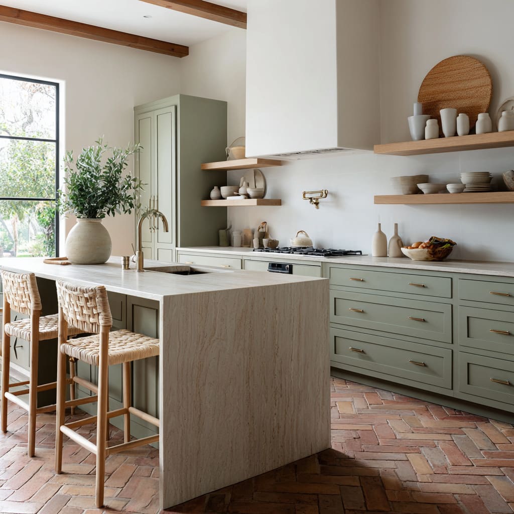 Fern-green kitchen ideas with herringbone terracotta floor, pale travertine island, woven stools, timber shelves Fern-green kitchen ideas with herringbone terracotta floor, pale travertine island, woven stools, timber shelves